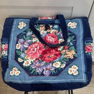 Floral Blue Quilted Tote Bag - Navy and Pink Garden Print